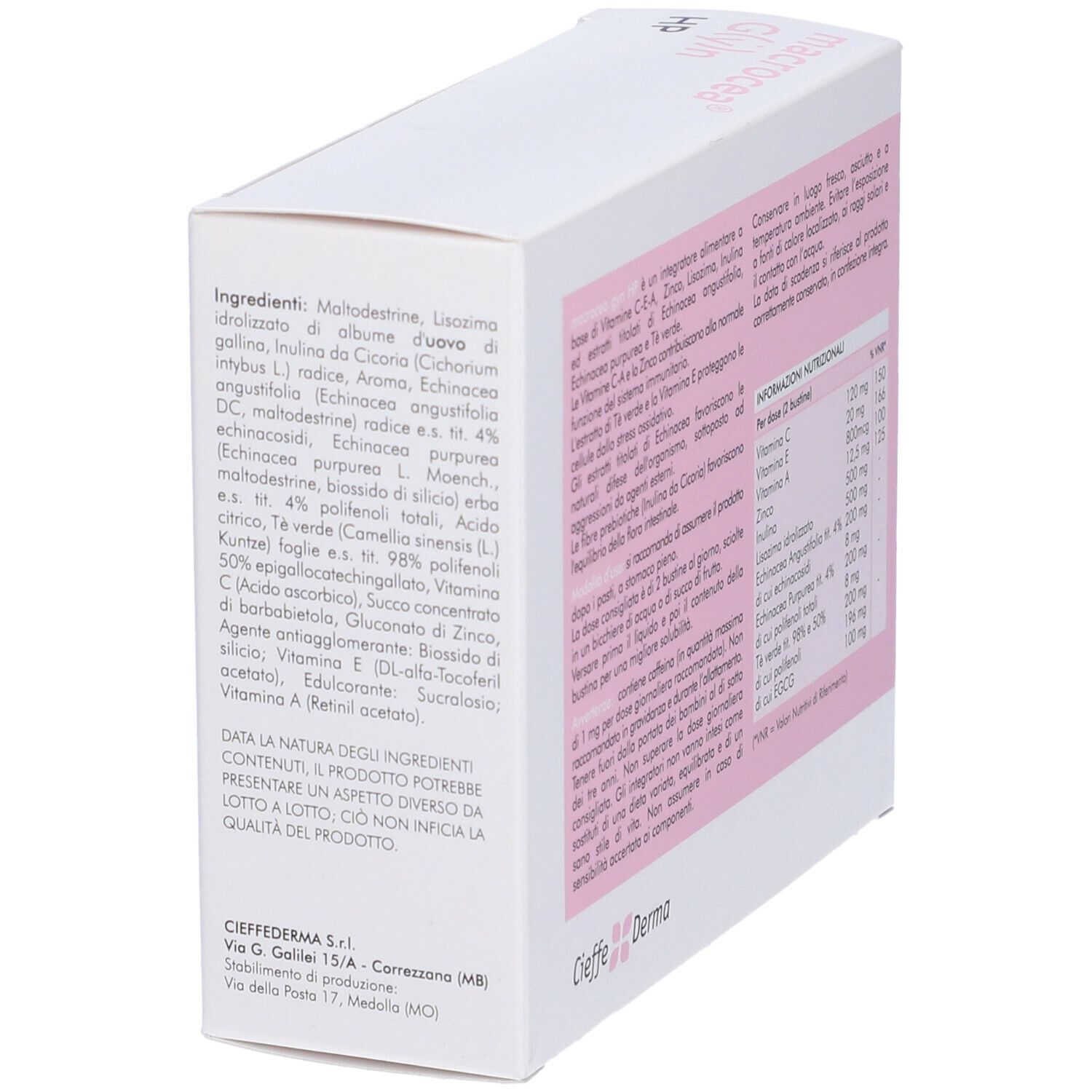 Scatola, lato. Scritta: Macrocea G(y)n HP. Ingredienti. Marca: Cieffe Derma.