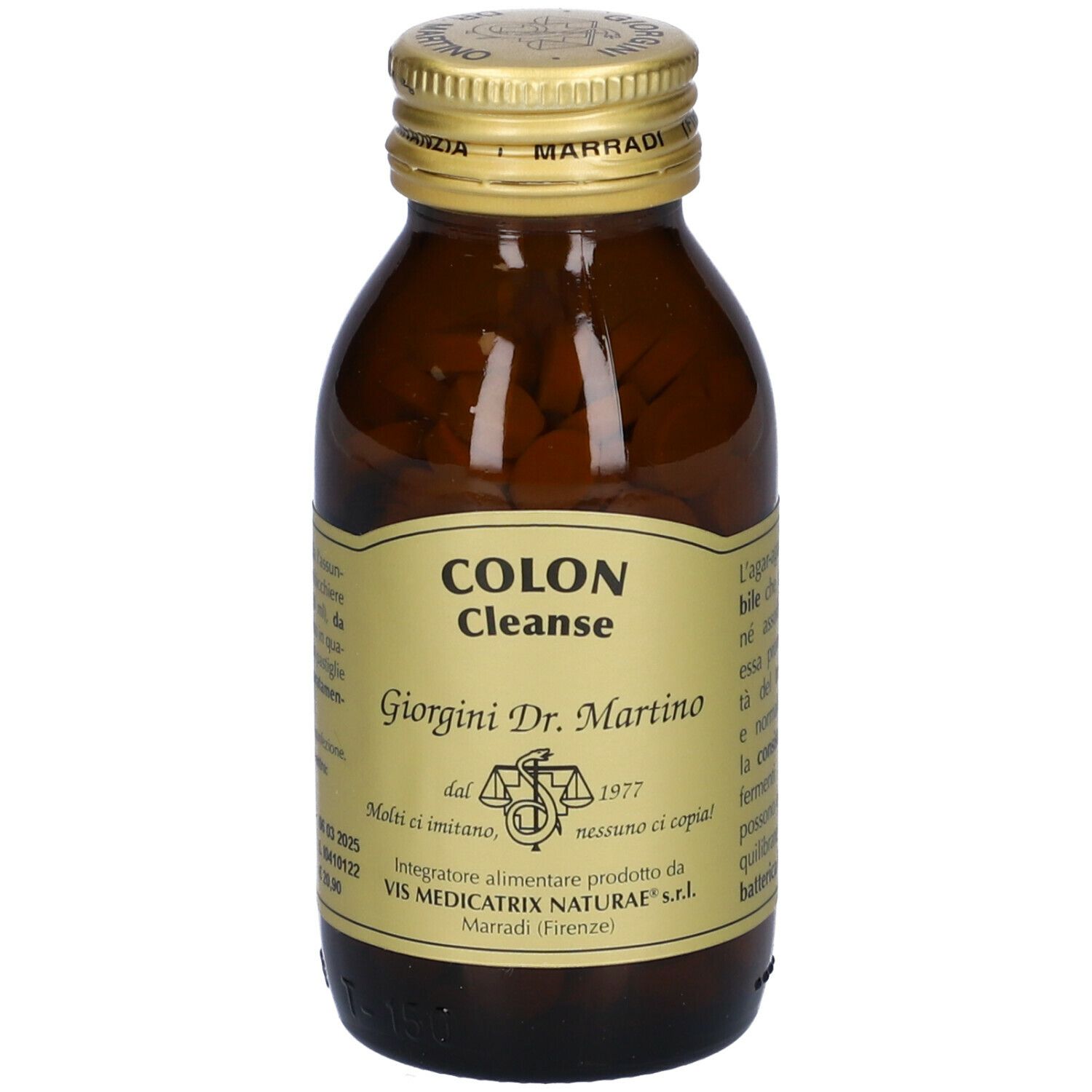 Braune Glasflasche mit Tabletten und Etikett. Aufschrift: Colon Cleanse, Giorgini Dr. Martino.