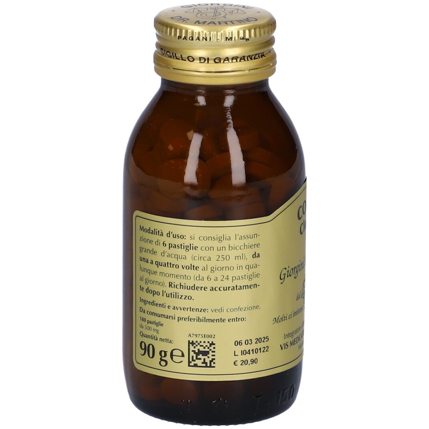 Braune Glasflasche mit Tabletten und Etikett. Aufschrift: Colon Cleanse, Giorgini Dr. Martino. Rückseite mit Text.