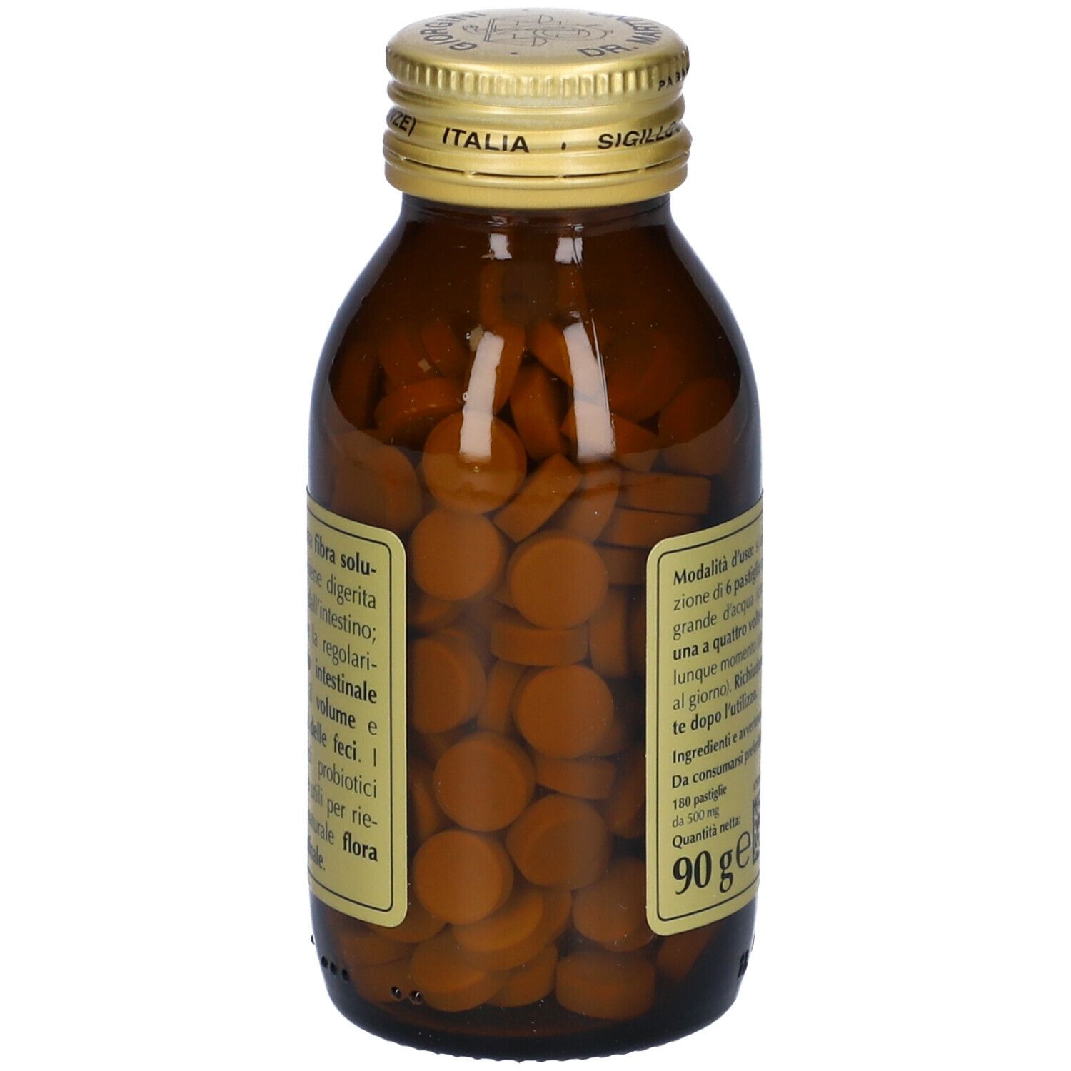 Braune Glasflasche mit Tabletten und Etikett. Aufschrift: Colon Cleanse, Giorgini Dr. Martino. Tabletten sichtbar.