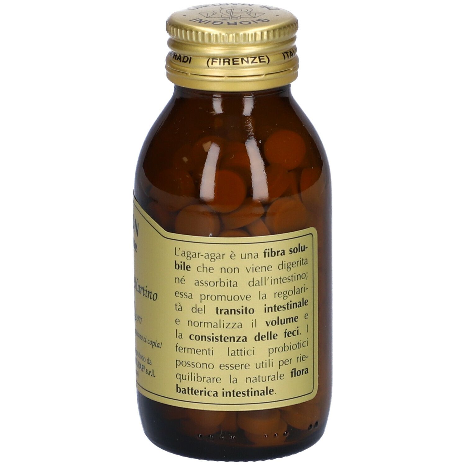 Braune Glasflasche mit Tabletten und Etikett. Aufschrift: Colon Cleanse, Giorgini Dr. Martino. Rückseite mit Text.
