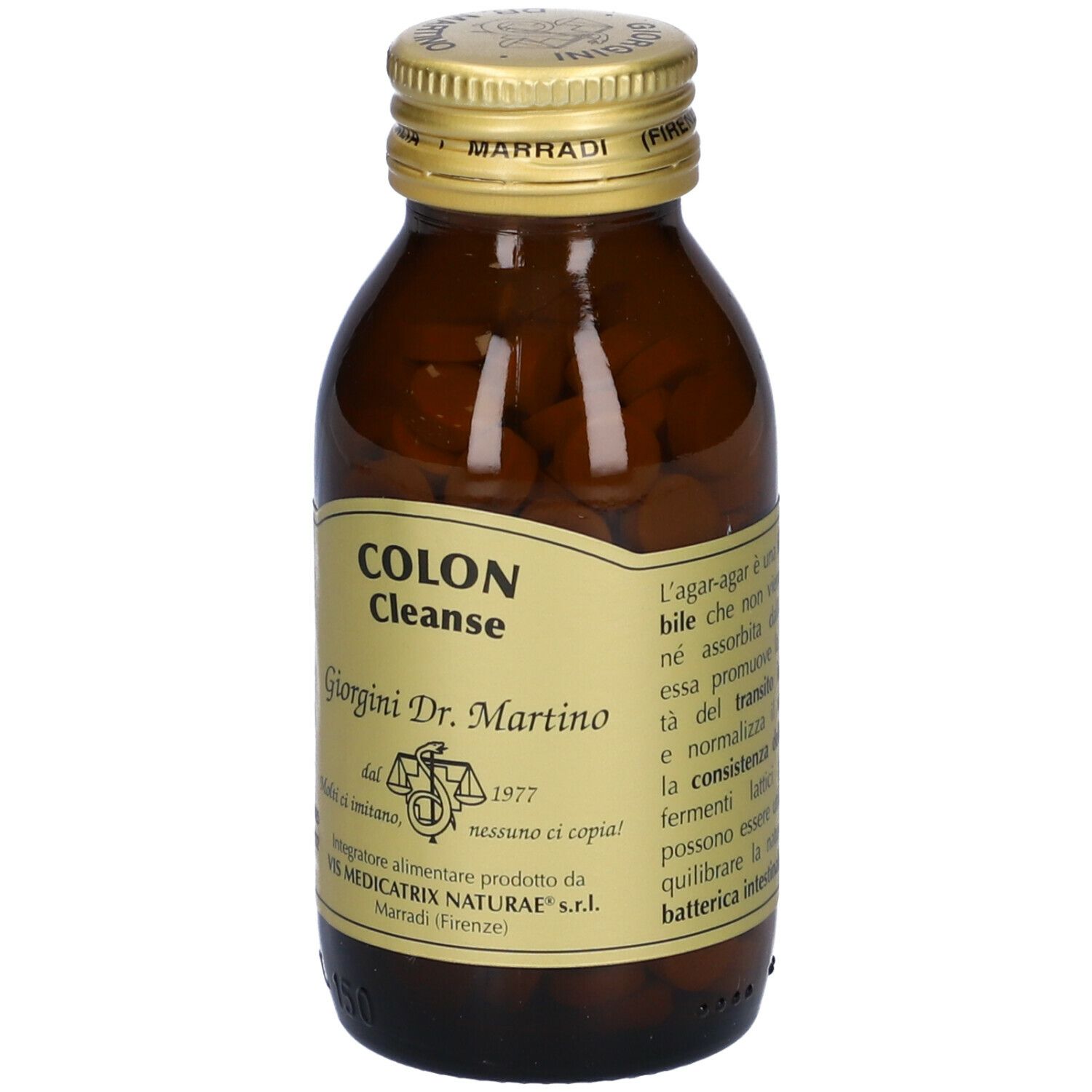Braune Glasflasche mit Tabletten und Etikett. Aufschrift: Colon Cleanse, Giorgini Dr. Martino.