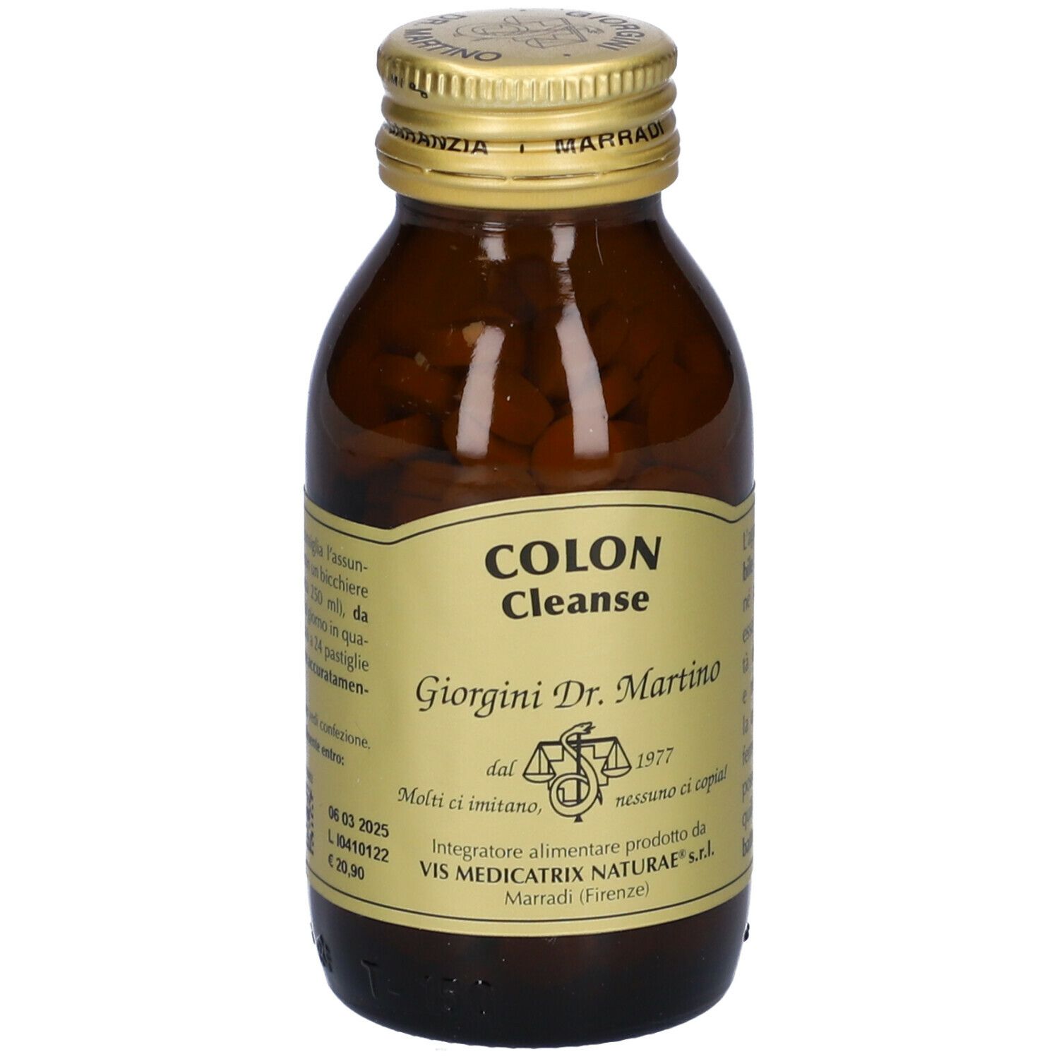 Braune Glasflasche mit Tabletten und Etikett. Aufschrift: Colon Cleanse, Giorgini Dr. Martino.