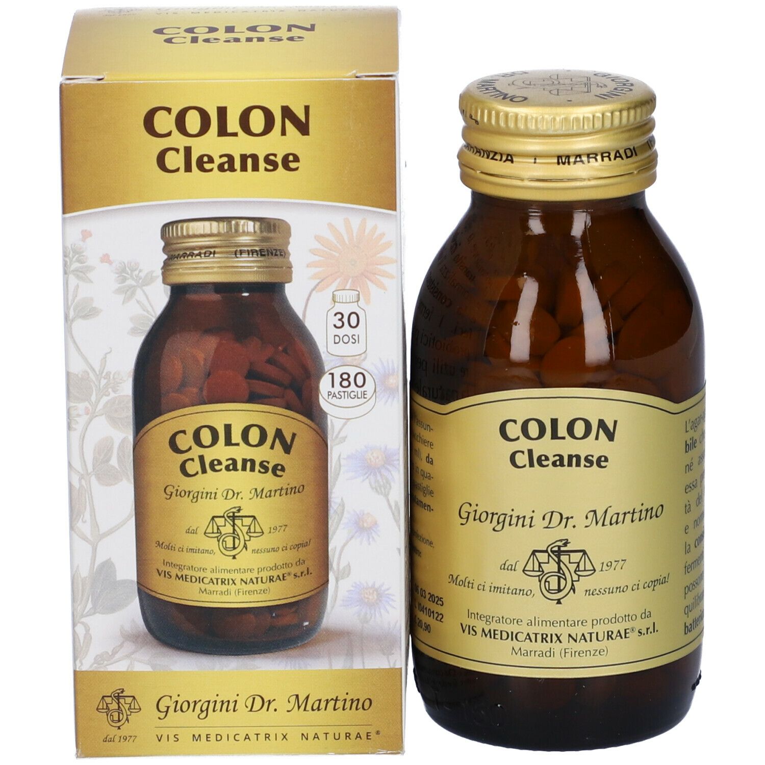 Braune Glasflasche mit Tabletten und Etikett. Aufschrift: Colon Cleanse, Giorgini Dr. Martino. Mit Verpackung.