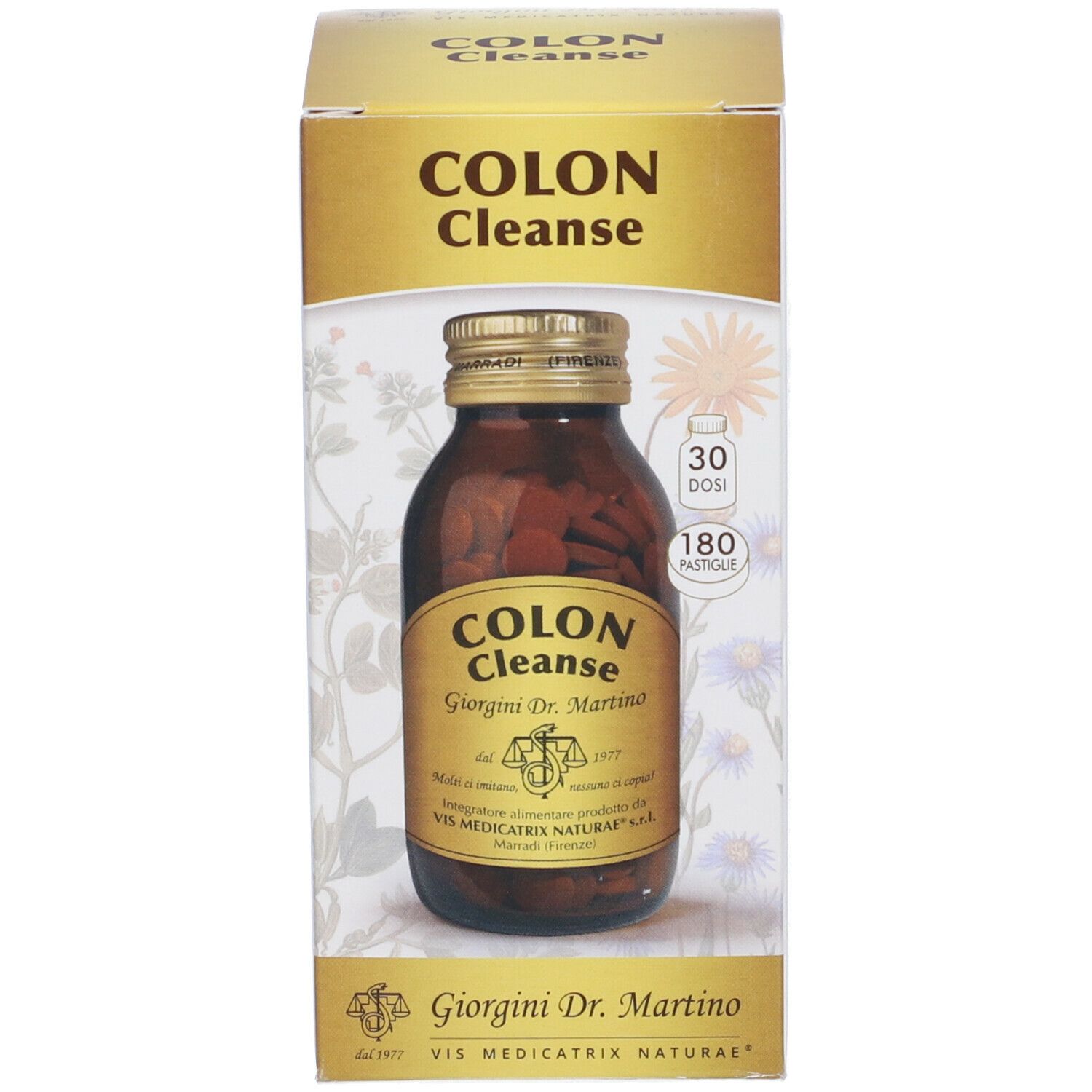 Braune Glasflasche mit Tabletten und Etikett. Aufschrift: Colon Cleanse, Giorgini Dr. Martino. Mit Verpackung.