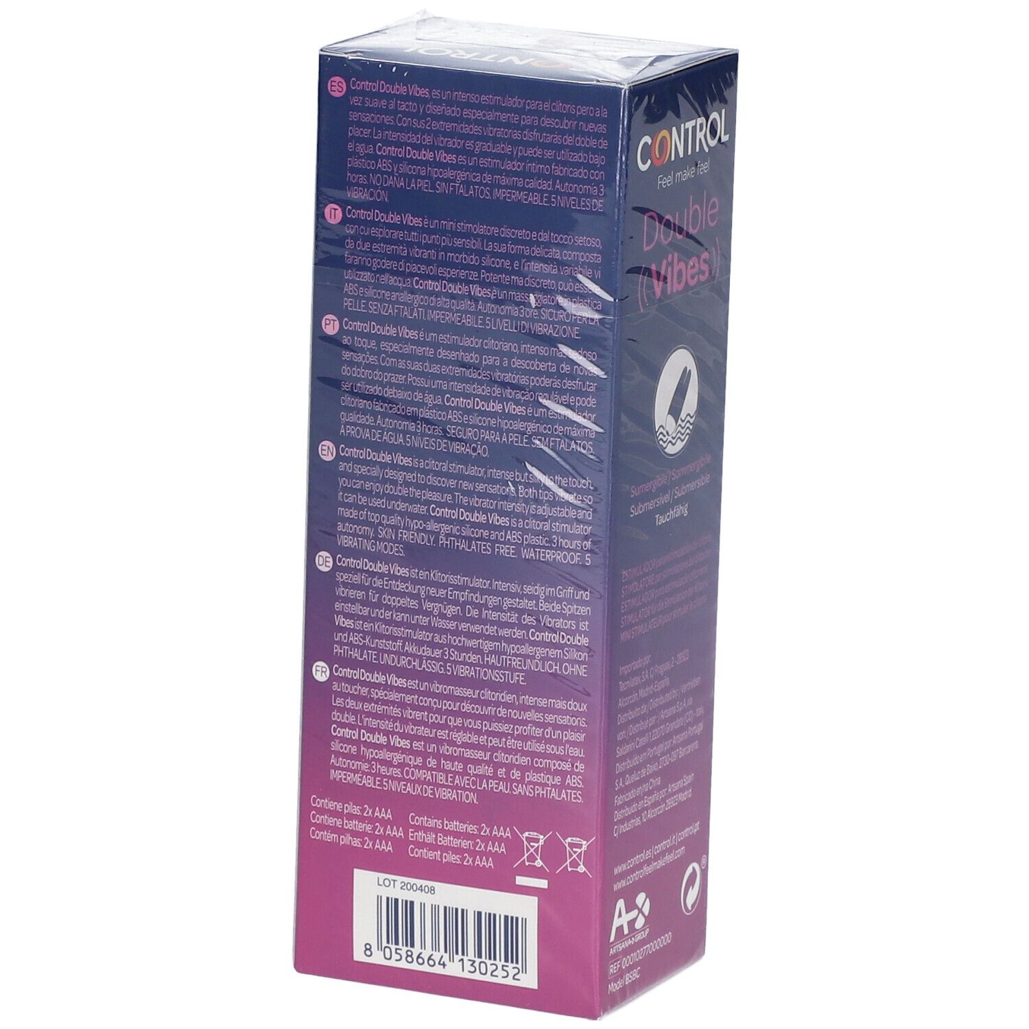 Verpackung mit rosa Doppelvibrator. Aufschrift: CONTROL Double Vibes. Rückseite mit Text in mehreren Sprachen. Enthält Batterien.