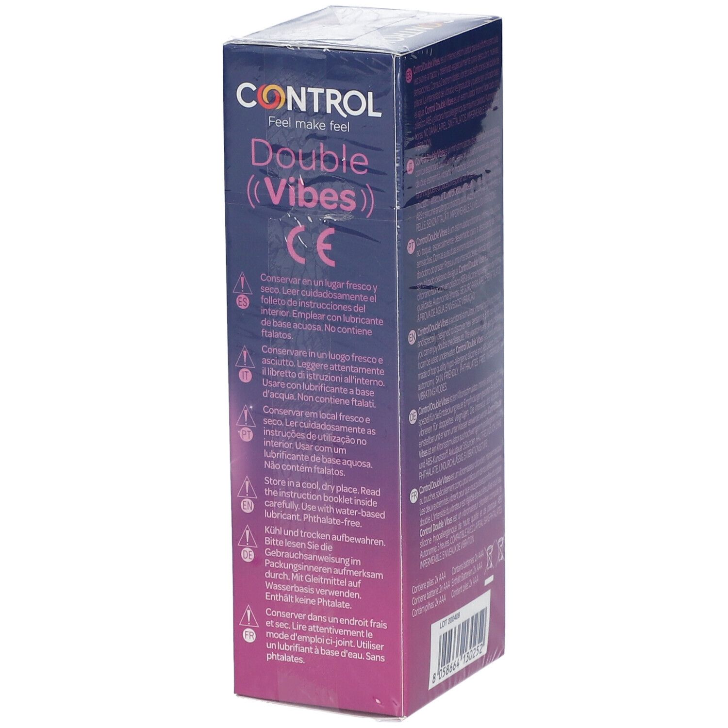Verpackung mit rosa Doppelvibrator. Aufschrift: CONTROL Double Vibes. Warnhinweise und Lagerungshinweise. CE-Kennzeichnung.