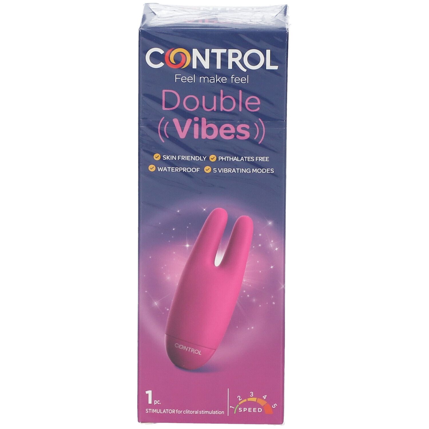 Verpackung mit rosa Doppelvibrator. Aufschrift: CONTROL Double Vibes. Merkmale: hautfreundlich, phthalatfrei, wasserdicht, 5 Vibrationsmodi. 1 Stück.