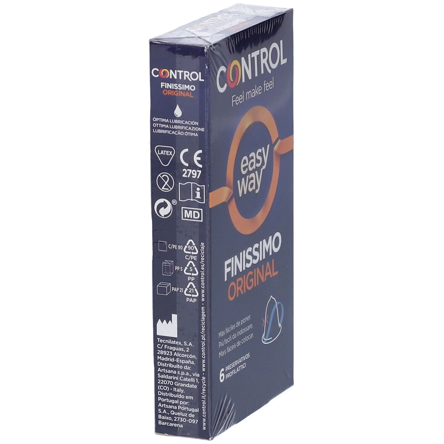 Verpackung von Control Finissimo Original. Seitenansicht. Text und Logos auf dunkelblauem Hintergrund. Enthält 6 Kondome.