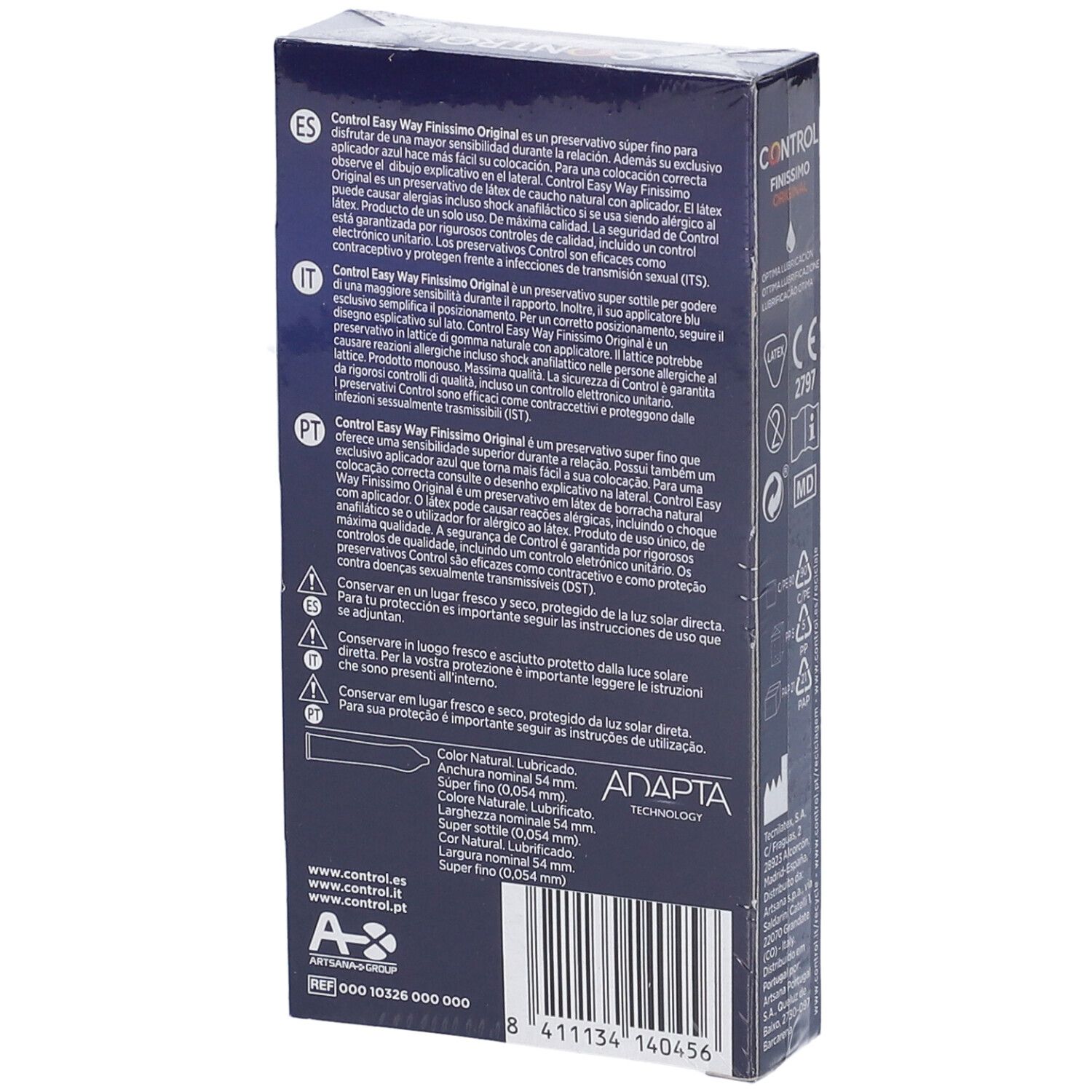 Rückseite der Verpackung von Control Finissimo Original. Text und Logos auf dunkelblauem Hintergrund. Informationen und Zertifizierungen.