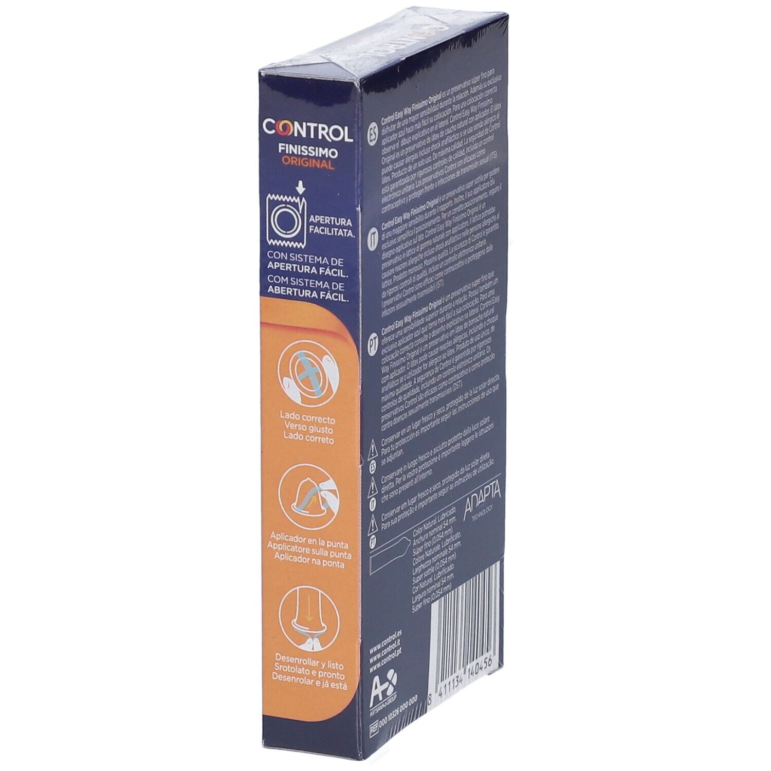 Seitenansicht der Verpackung von Control Finissimo Original. Grafiken und Text auf dunkelblauem Hintergrund. Informationen zur Anwendung.