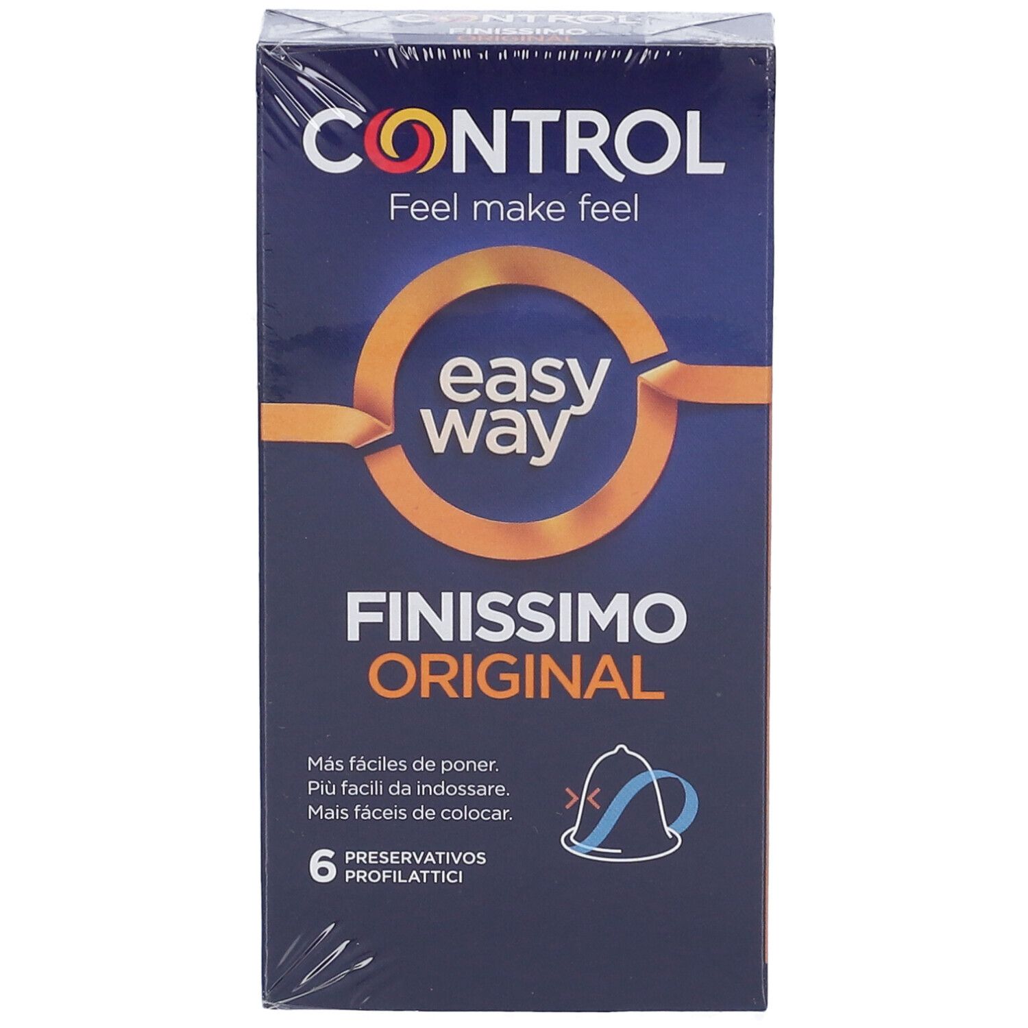 Verpackung von Control Finissimo Original. Sechs Kondome. Orangefarbenes Logo und Schriftzug auf dunkelblauem Hintergrund.