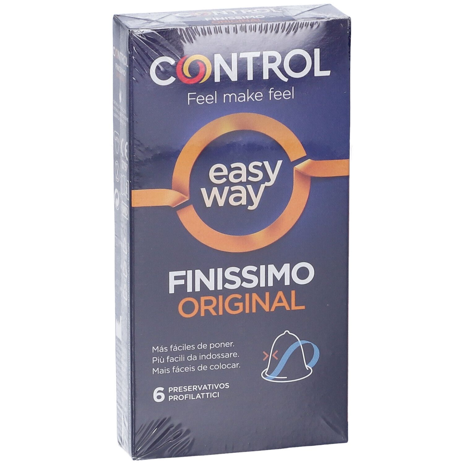 Verpackung von Control Finissimo Original. Sechs Kondome. Orangefarbenes Logo und Schriftzug auf dunkelblauem Hintergrund.