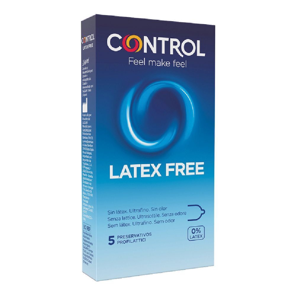 Confezione CONTROL Latex Free. Contiene 5 profilattici. Scritta: 0% lattice. Confezione blu.