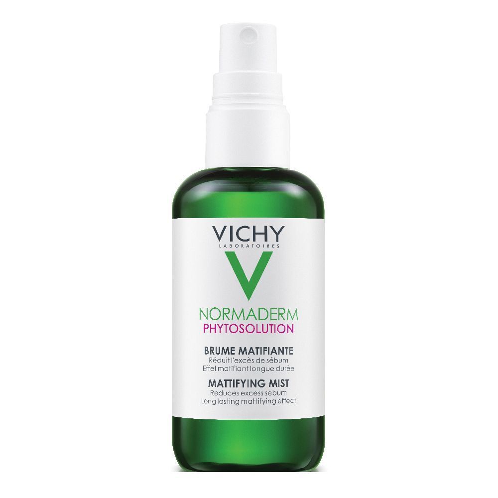 Grüne Sprühflasche mit weißem Sprühkopf. VICHY-Logo und Produktbezeichnung. Text: Normaderm Phytosolution, Brume Matifiante, Mattifying Mist.
