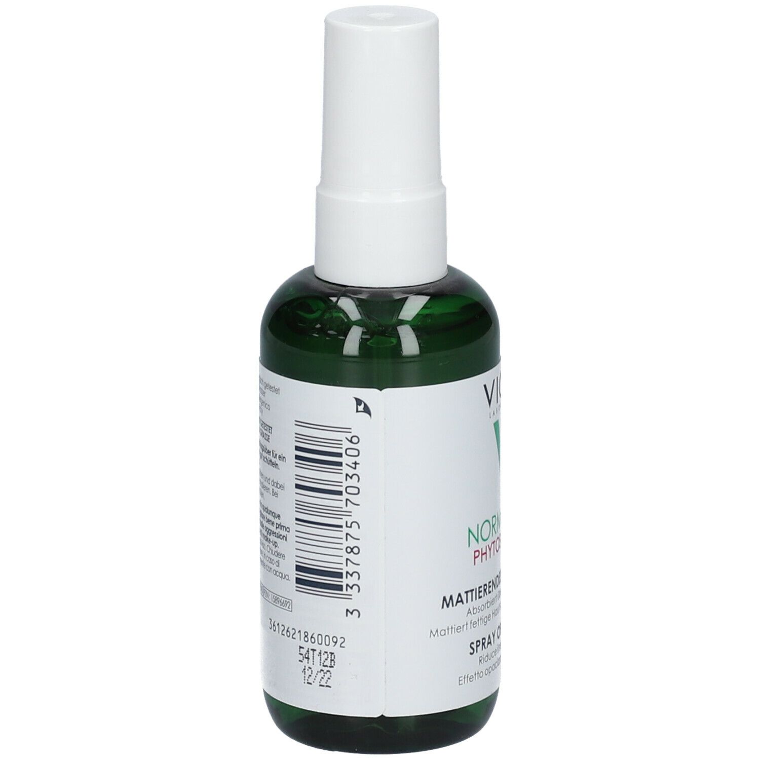 Rückseite einer grünen Sprühflasche. Barcode und Text. VICHY-Logo und Produktbezeichnung. Text: Normaderm Phytosolution, Mattierendes Pflege-Spray, Spray Opacizzante.