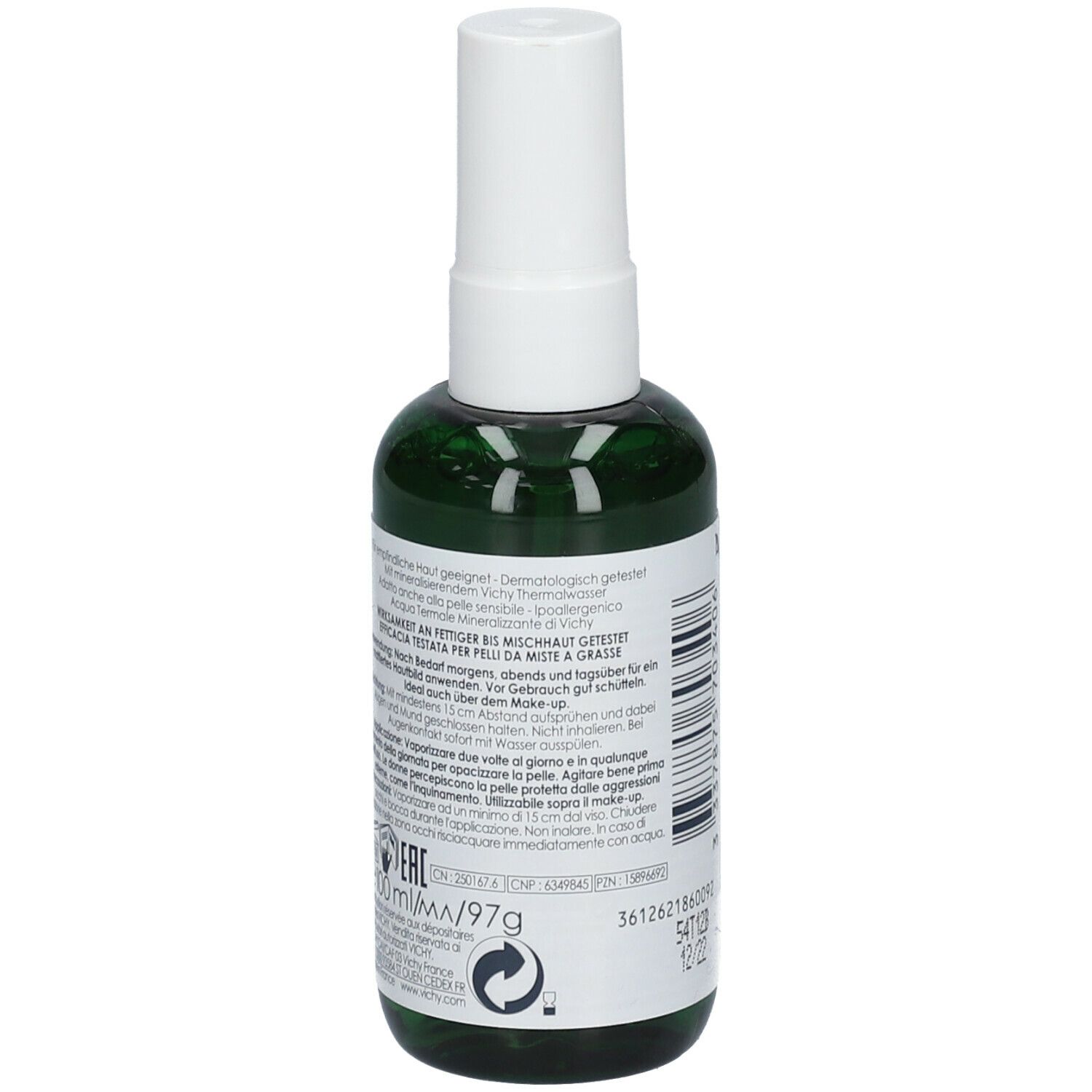 Rückseite einer grünen Sprühflasche. Text und Logos. VICHY-Logo und Produktbezeichnung. Text: Normaderm Phytosolution, Mattierendes Pflege-Spray, Spray Opacizzante.