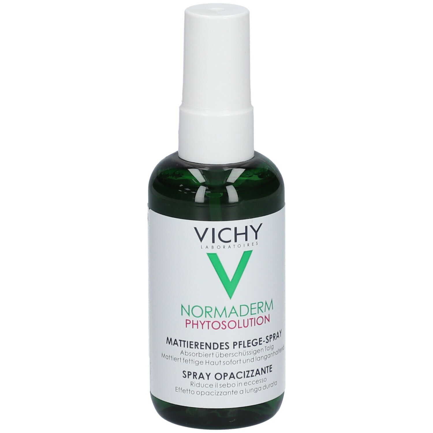 Grüne Sprühflasche mit weißem Sprühkopf. VICHY-Logo und Produktbezeichnung. Text: Normaderm Phytosolution, Mattierendes Pflege-Spray, Spray Opacizzante.