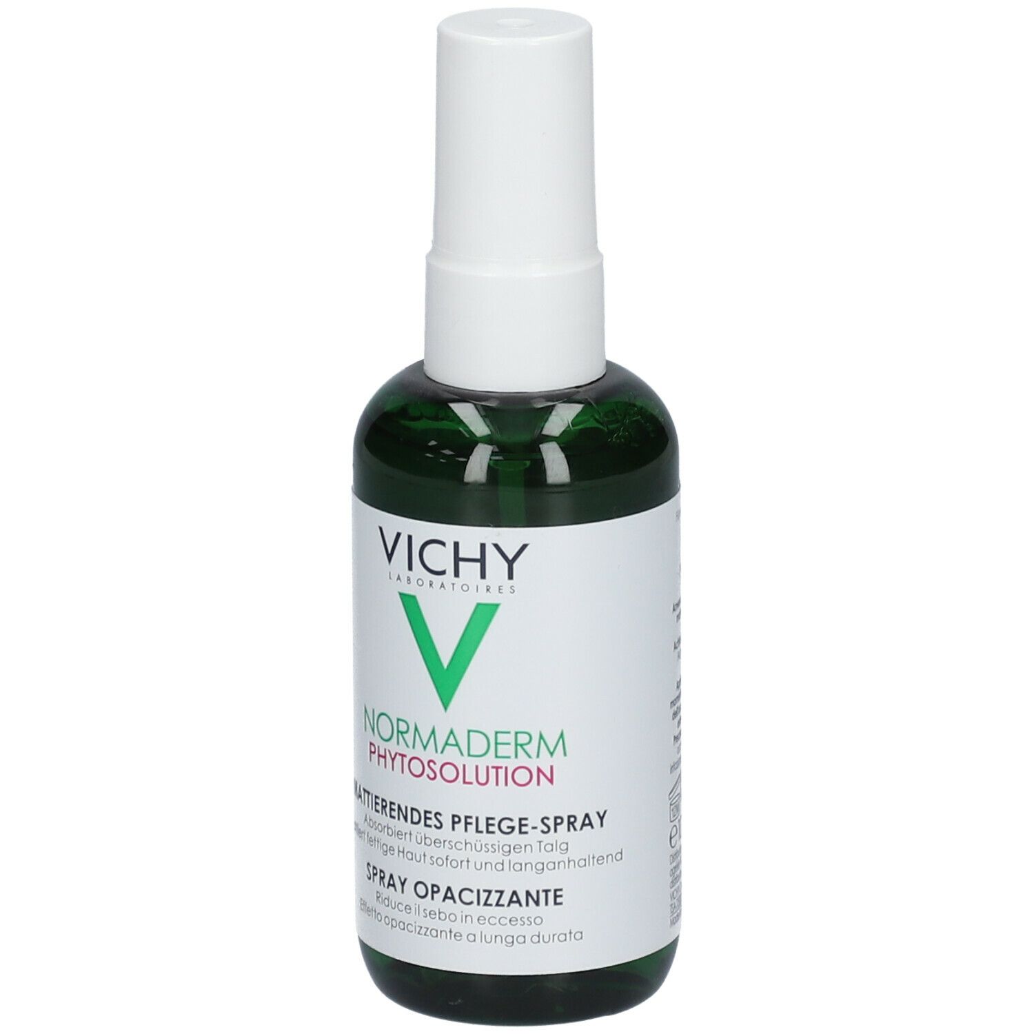 Grüne Sprühflasche mit weißem Sprühkopf. VICHY-Logo und Produktbezeichnung. Text: Normaderm Phytosolution, Mattierendes Pflege-Spray, Spray Opacizzante.