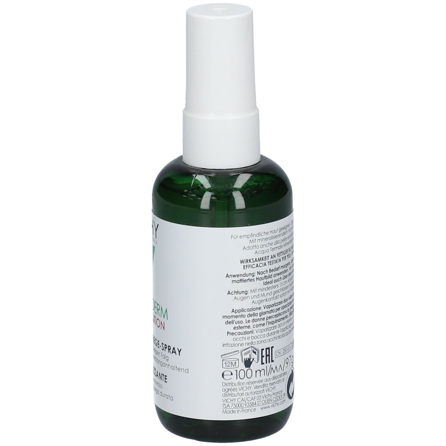 Rückseite einer grünen Sprühflasche. Text und Logos. VICHY-Logo und Produktbezeichnung. Text: Normaderm Phytosolution, Mattierendes Pflege-Spray, Spray Opacizzante.