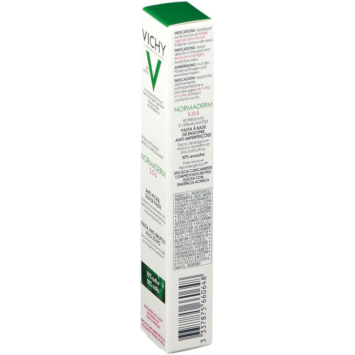 Emballage blanc avec accents verts. Inscription: VICHY, Normaderm S.O.S. Anti-Pickel Sulfur Paste. Dos avec texte.