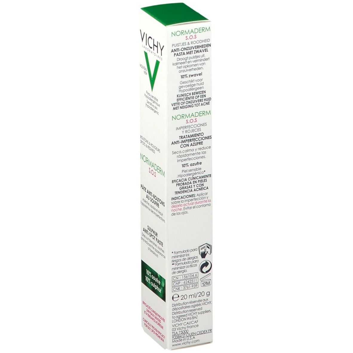 Emballage blanc avec accents verts. Inscription: VICHY, Normaderm S.O.S. Anti-Pickel Sulfur Paste. Face avant avec texte.