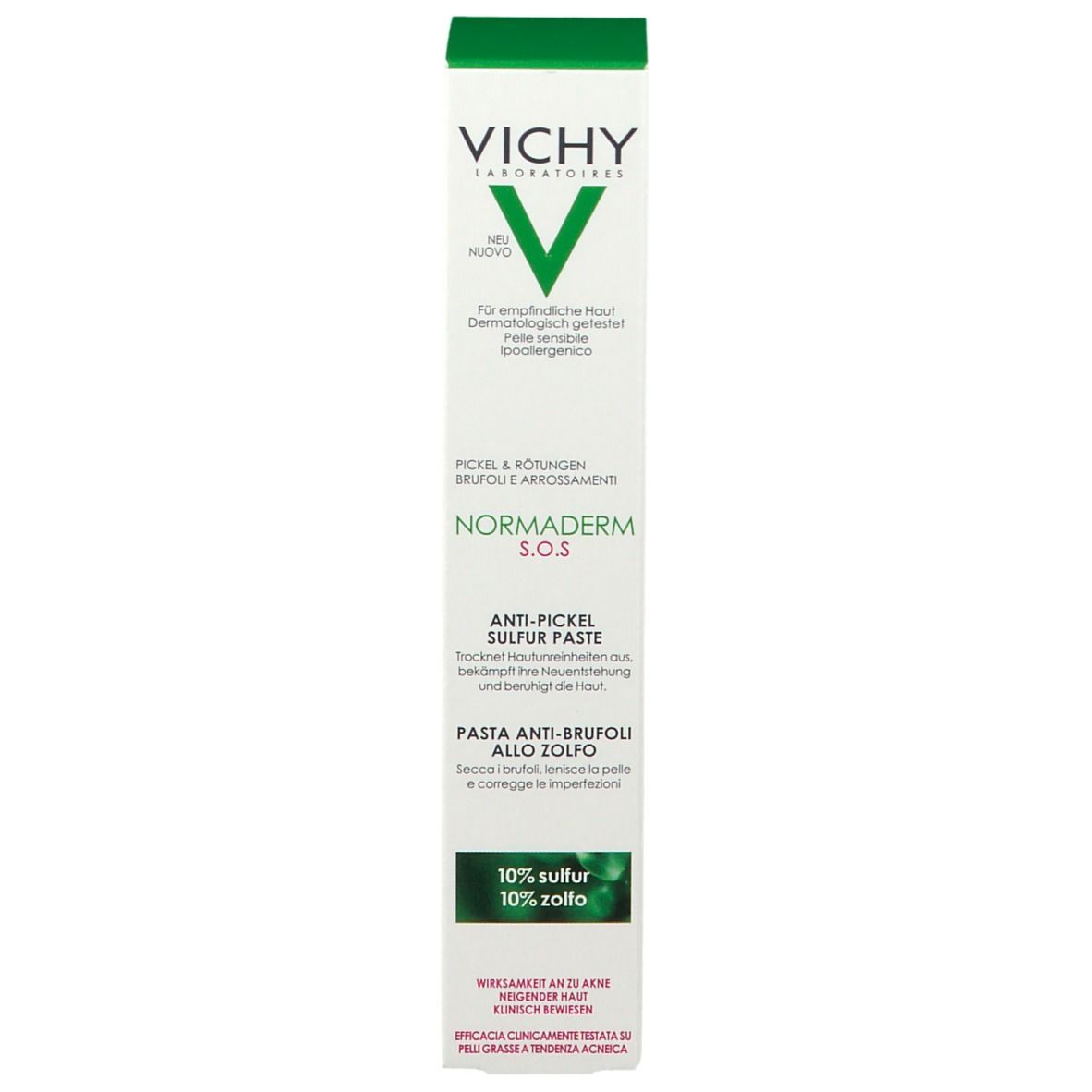 Emballage blanc avec accents verts. Inscription: VICHY, Normaderm S.O.S. Anti-Pickel Sulfur Paste. Face avant avec texte.