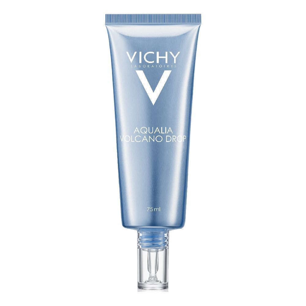 Hellblaue Tube mit VICHY-Logo und AQUALIA VOLCANO DROP-Schriftzug. 75 ml. Transparenter Applikator.