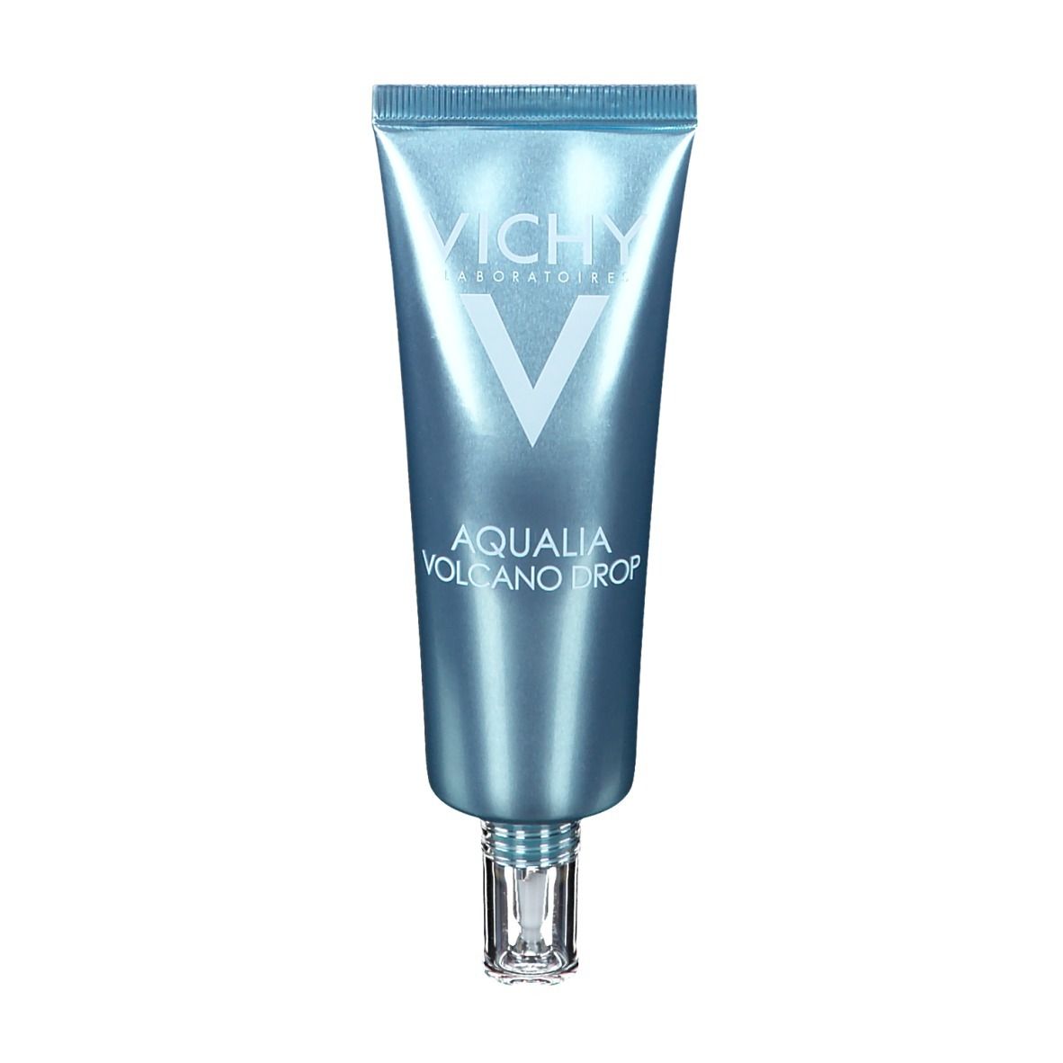 Hellblaue Tube mit VICHY-Logo und AQUALIA VOLCANO DROP-Schriftzug. Transparenter Applikator.