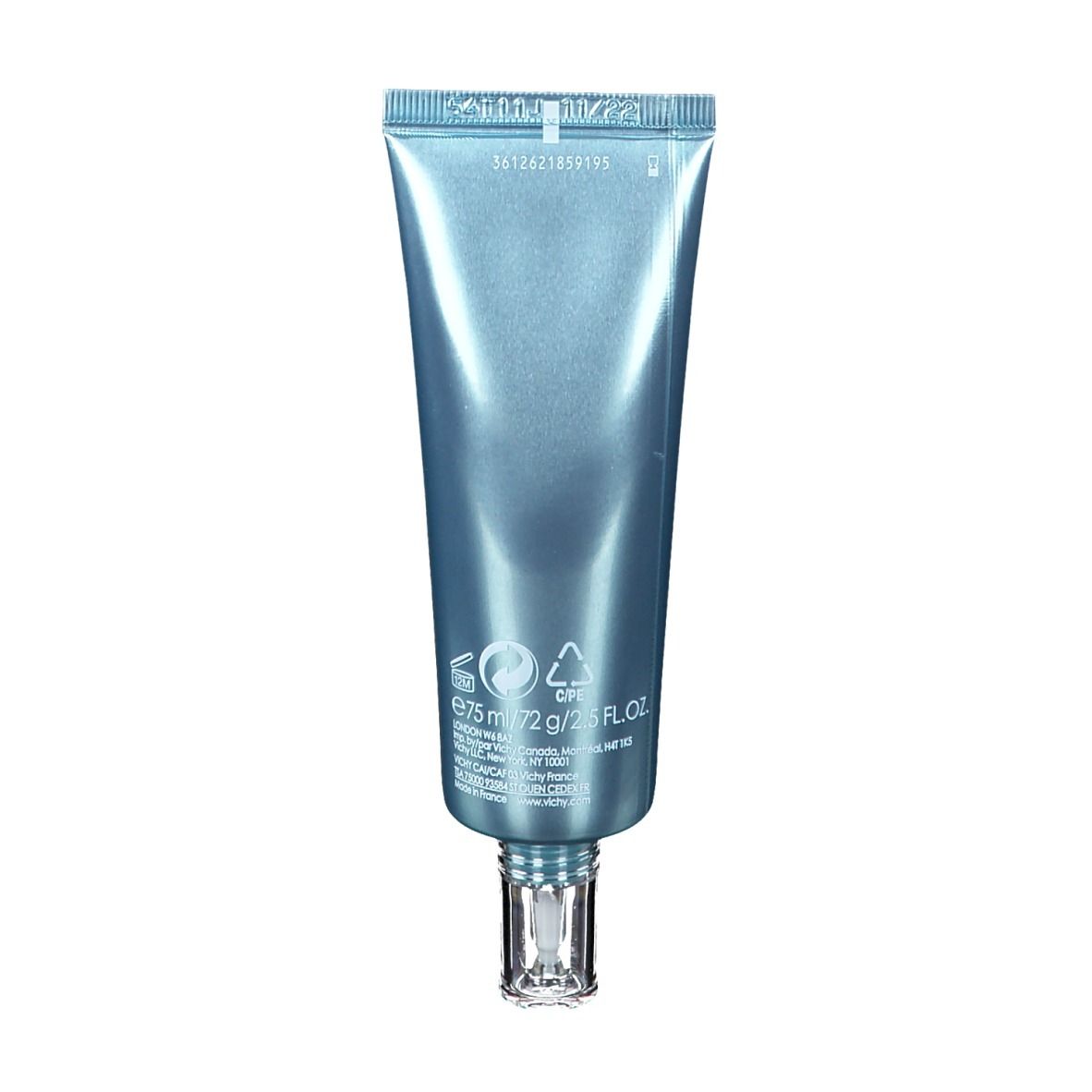 Rückseite einer hellblauen Tube. Text und Symbole. 75 ml. Transparenter Applikator.