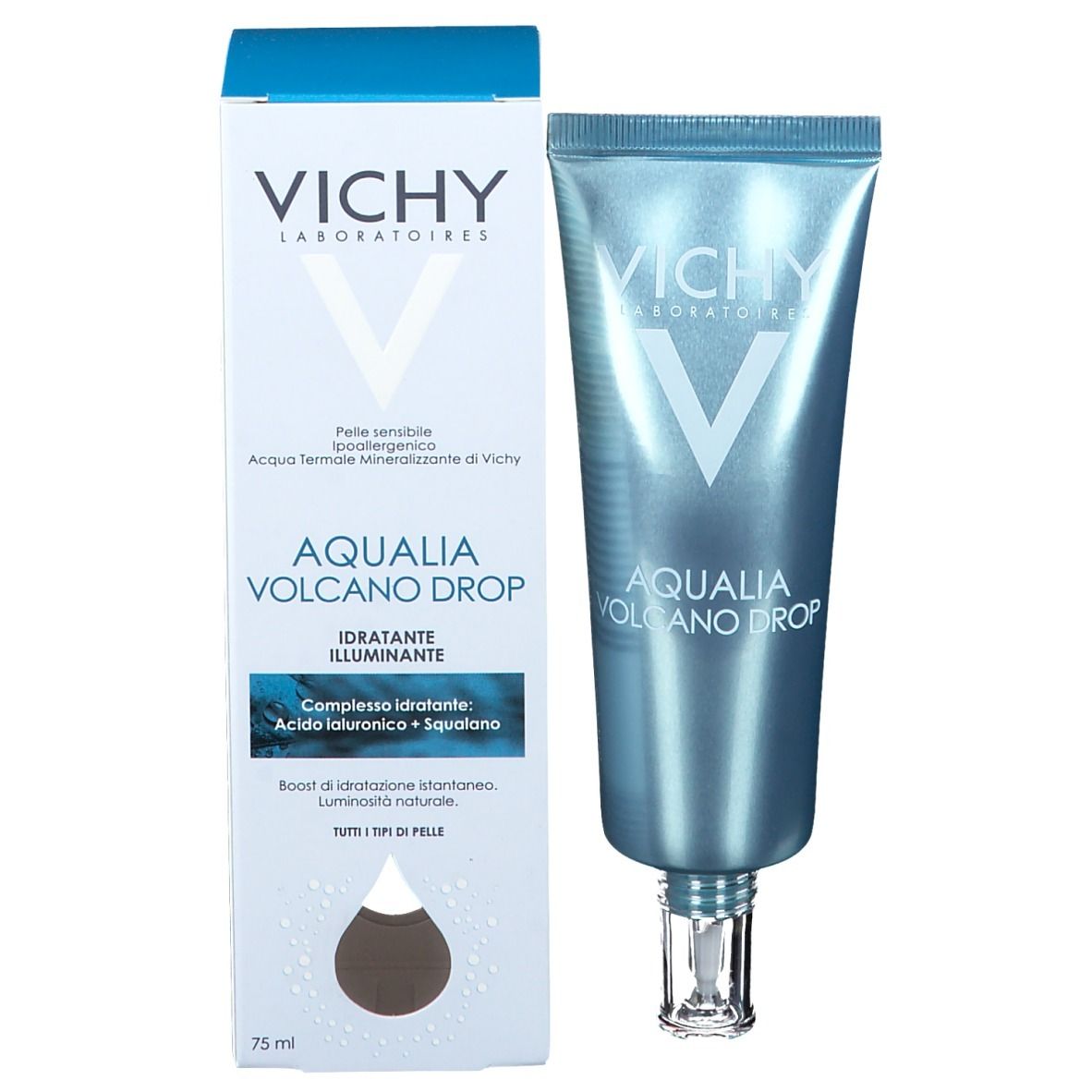 Produktverpackung mit Tube. VICHY-Logo, AQUALIA VOLCANO DROP. Weiße Schachtel, blaue Akzente. 75 ml.