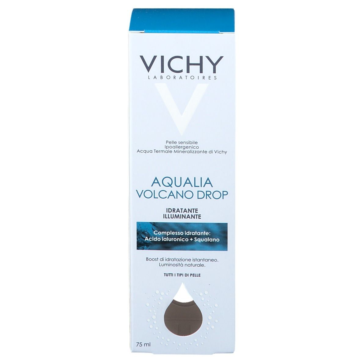 Produktverpackung. VICHY-Logo, AQUALIA VOLCANO DROP. Weiße Schachtel, blaue Akzente. 75 ml.