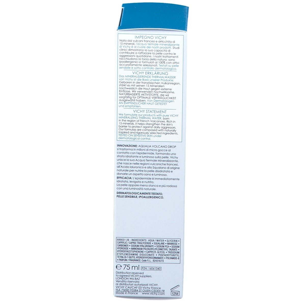 Produktverpackung. VICHY-Logo, AQUALIA VOLCANO DROP. Text auf weißem Hintergrund. Blaue Akzente.