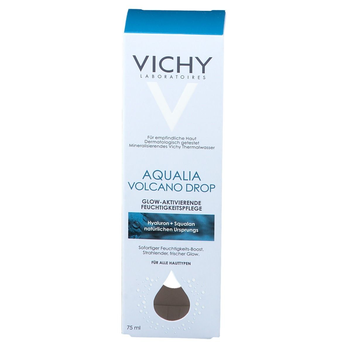 Produktverpackung. VICHY-Logo, AQUALIA VOLCANO DROP. Text auf weißem Hintergrund. Blaue Akzente.