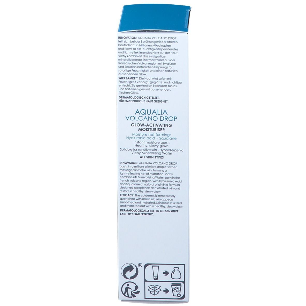 Produktverpackung. VICHY-Logo, AQUALIA VOLCANO DROP. Text auf weißem Hintergrund. Blaue Akzente.