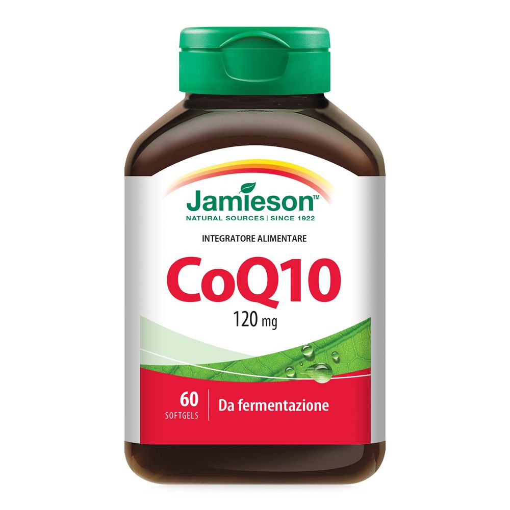Flacone marrone con tappo verde. Scritta: Jamieson CoQ10 120mg, 60 capsule. Scritta in italiano.