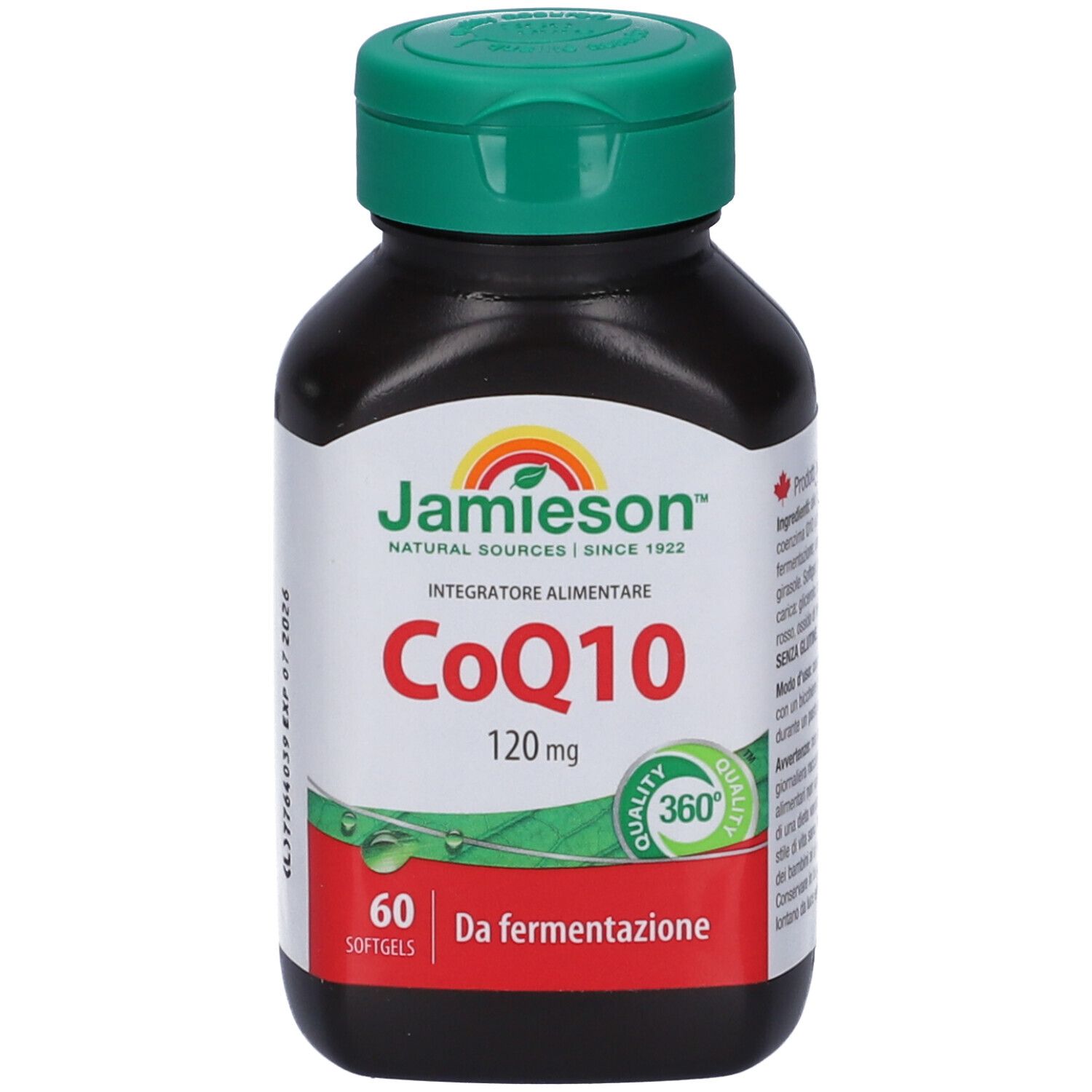 Flacone marrone con tappo verde. Scritta: Jamieson CoQ10 120mg, 60 capsule. Marchio di qualità.