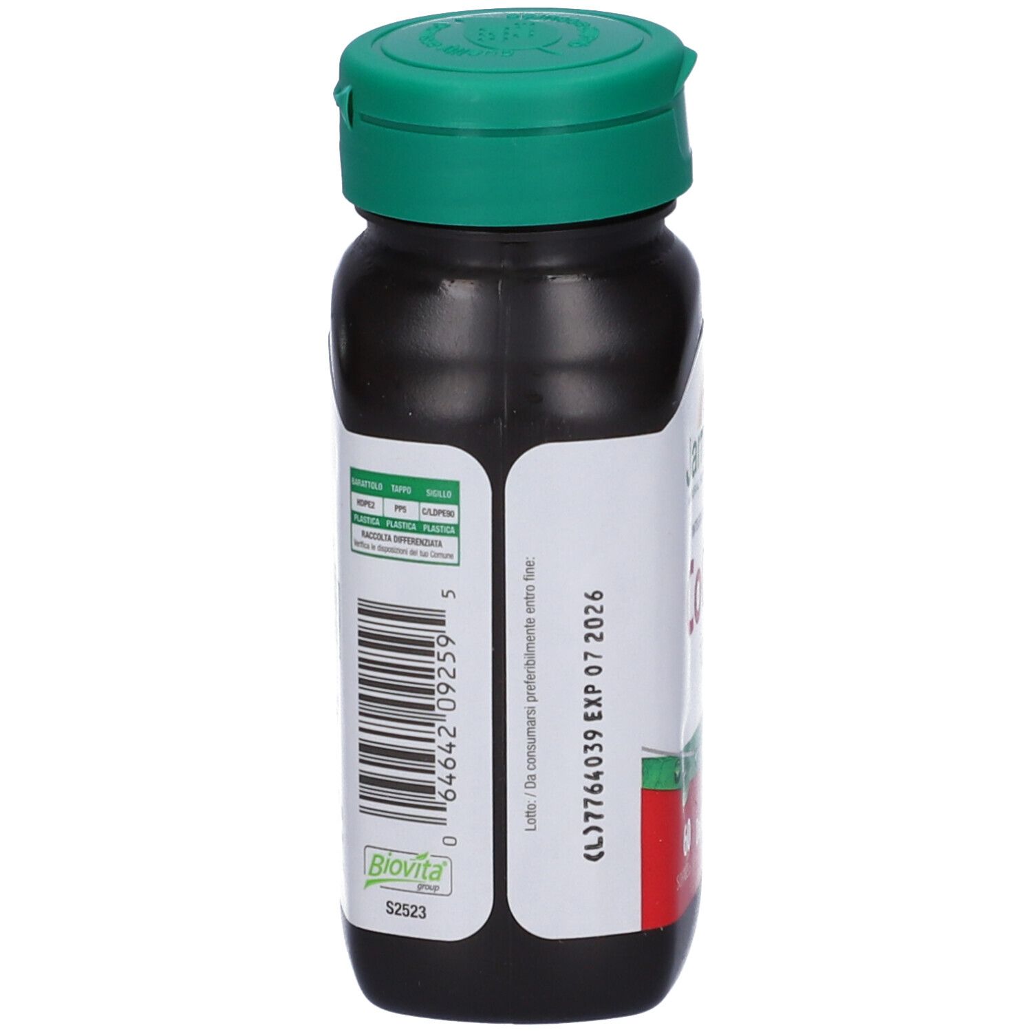 Flacone marrone con tappo verde. Codice a barre e informazioni sul retro. Logo Biovita.