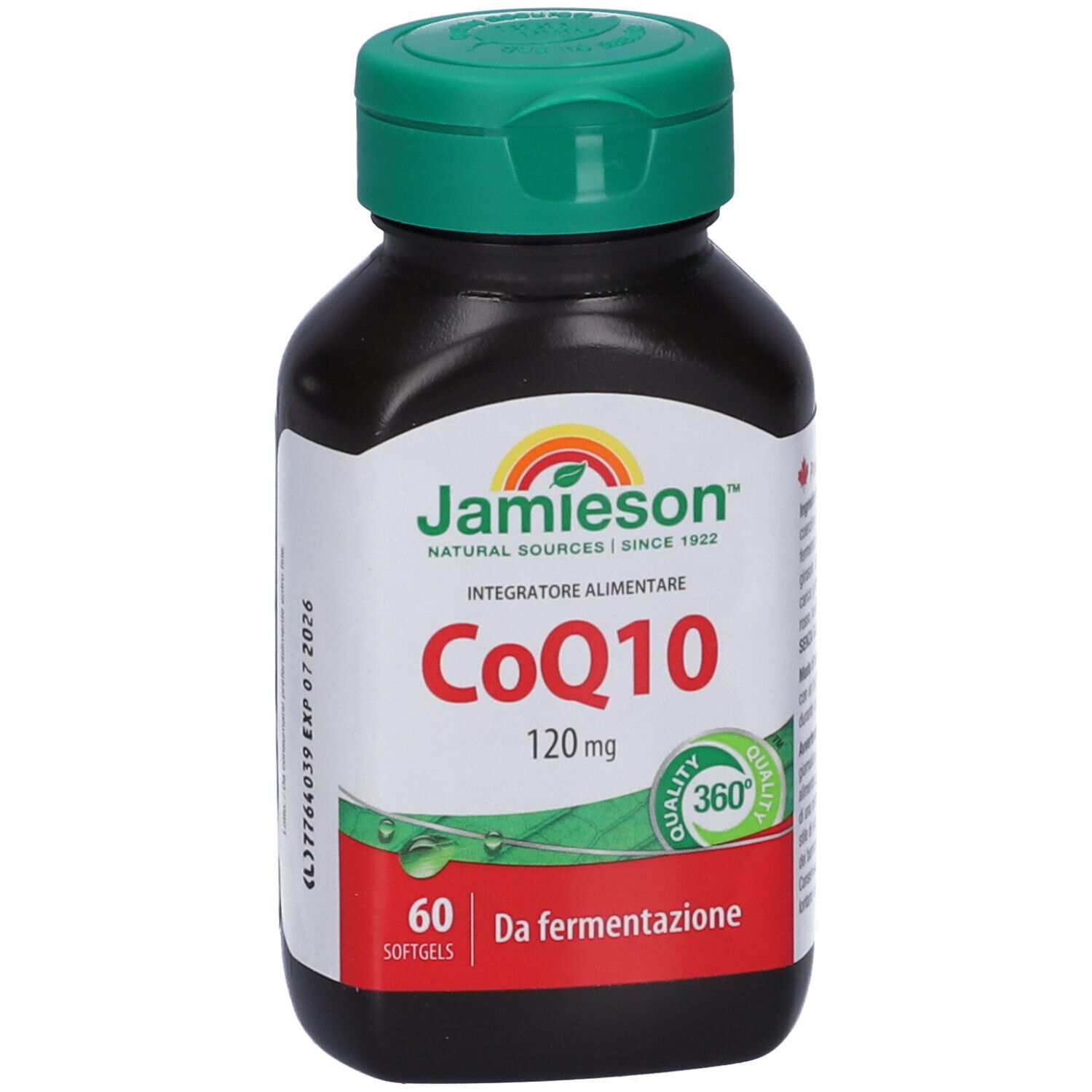 Flacone marrone con tappo verde. Scritta: Jamieson CoQ10 120mg, 60 capsule. Marchio di qualità.