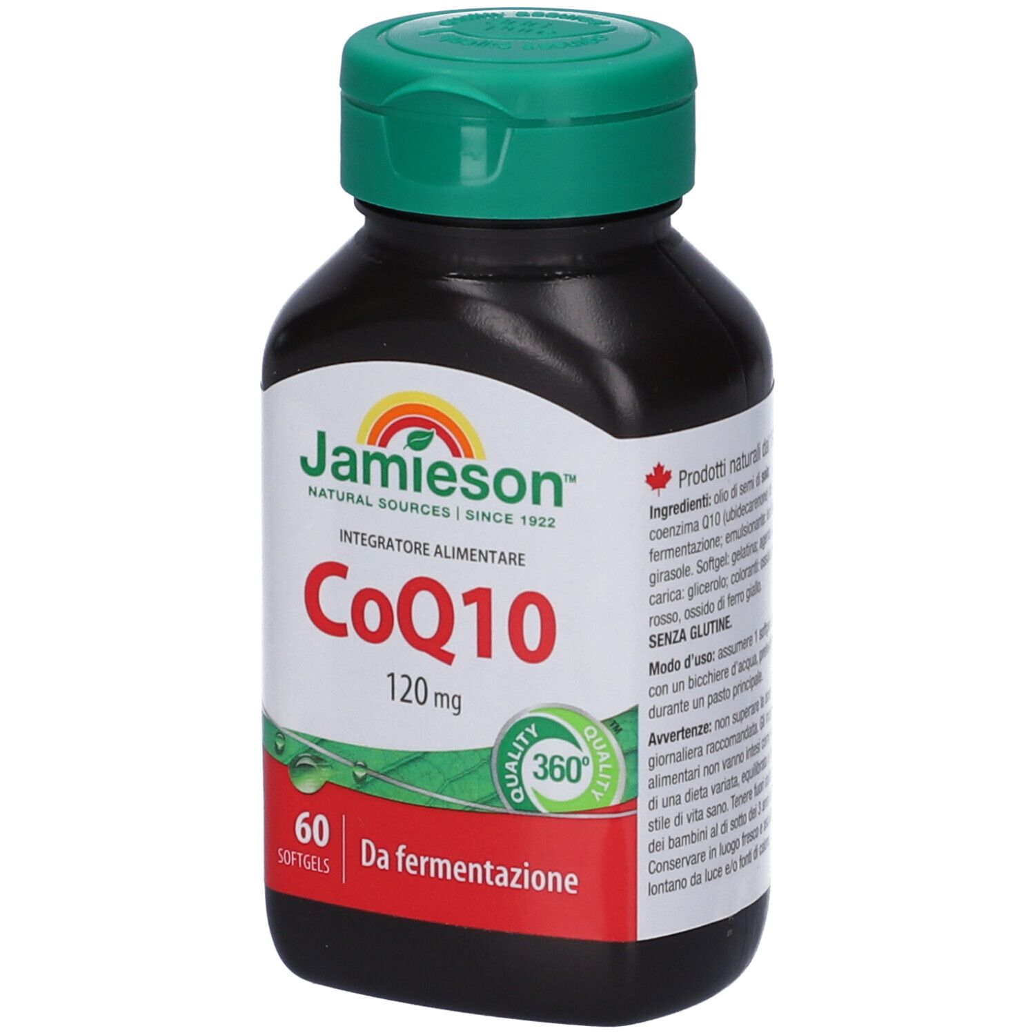 Flacone marrone con tappo verde. Scritta: Jamieson CoQ10 120mg, 60 capsule. Senza glutine.