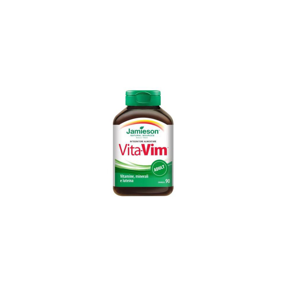 Flacone marrone con tappo verde. Etichetta "Jamieson Vita-Vim Adult". Contiene 90 compresse.