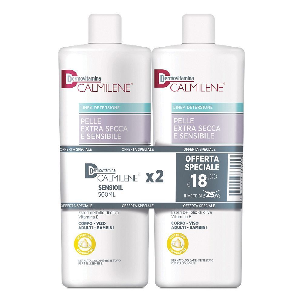 Due flaconi bianchi con etichette. Scritta: Dermovitamina Calmilene, Sensioil, per pelli secche e sensibili. Prezzo speciale.