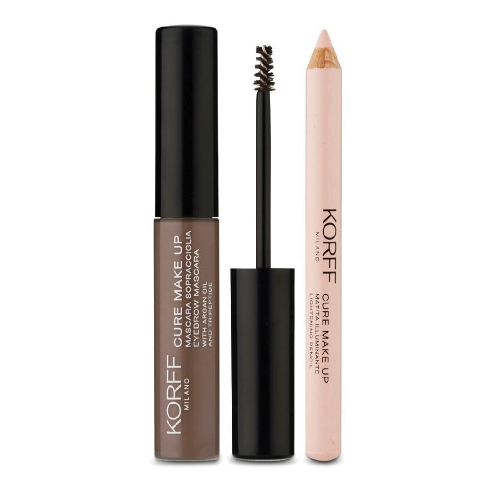 Kit sopracciglia con mascara e matita. Tubo mascara marrone, spazzola, matita rosa. Marca: KORFF.