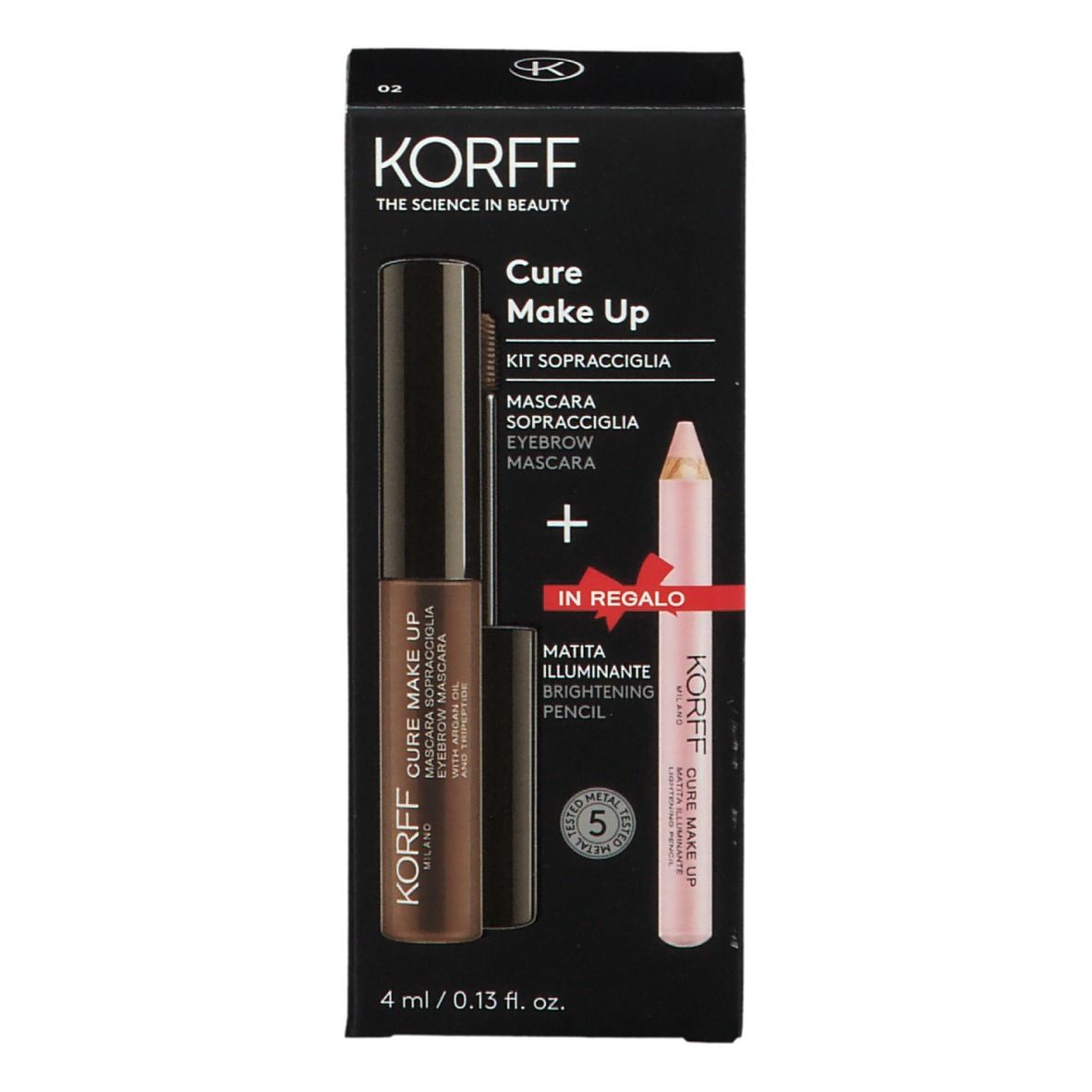 Kit sopracciglia KORFF in confezione nera. Contiene mascara e matita illuminante. Volume: 4 ml / 0,13 fl. oz.