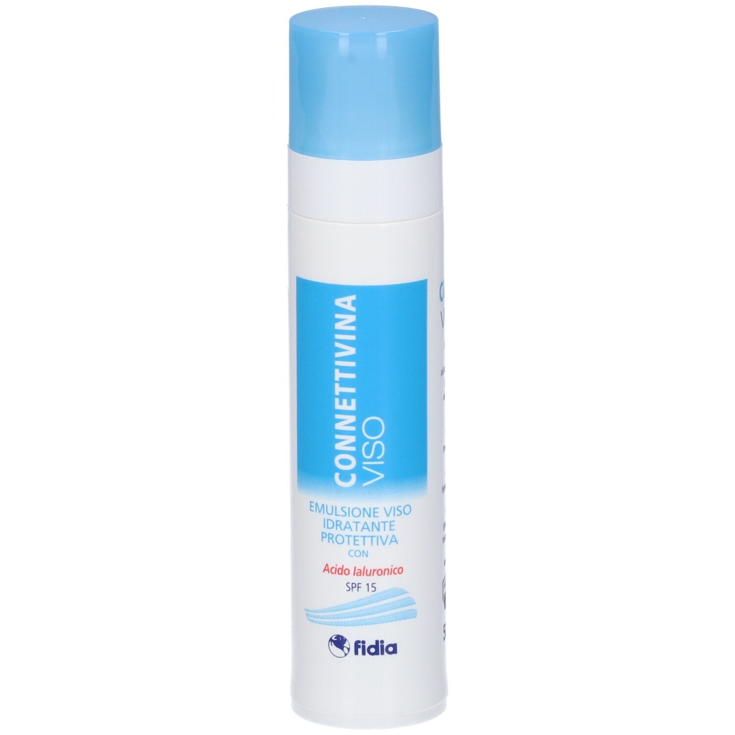 Fidia Connettivina Viso Emulsione, con SPF 15, in flacone bianco con tappo blu. Contiene acido ialuronico.