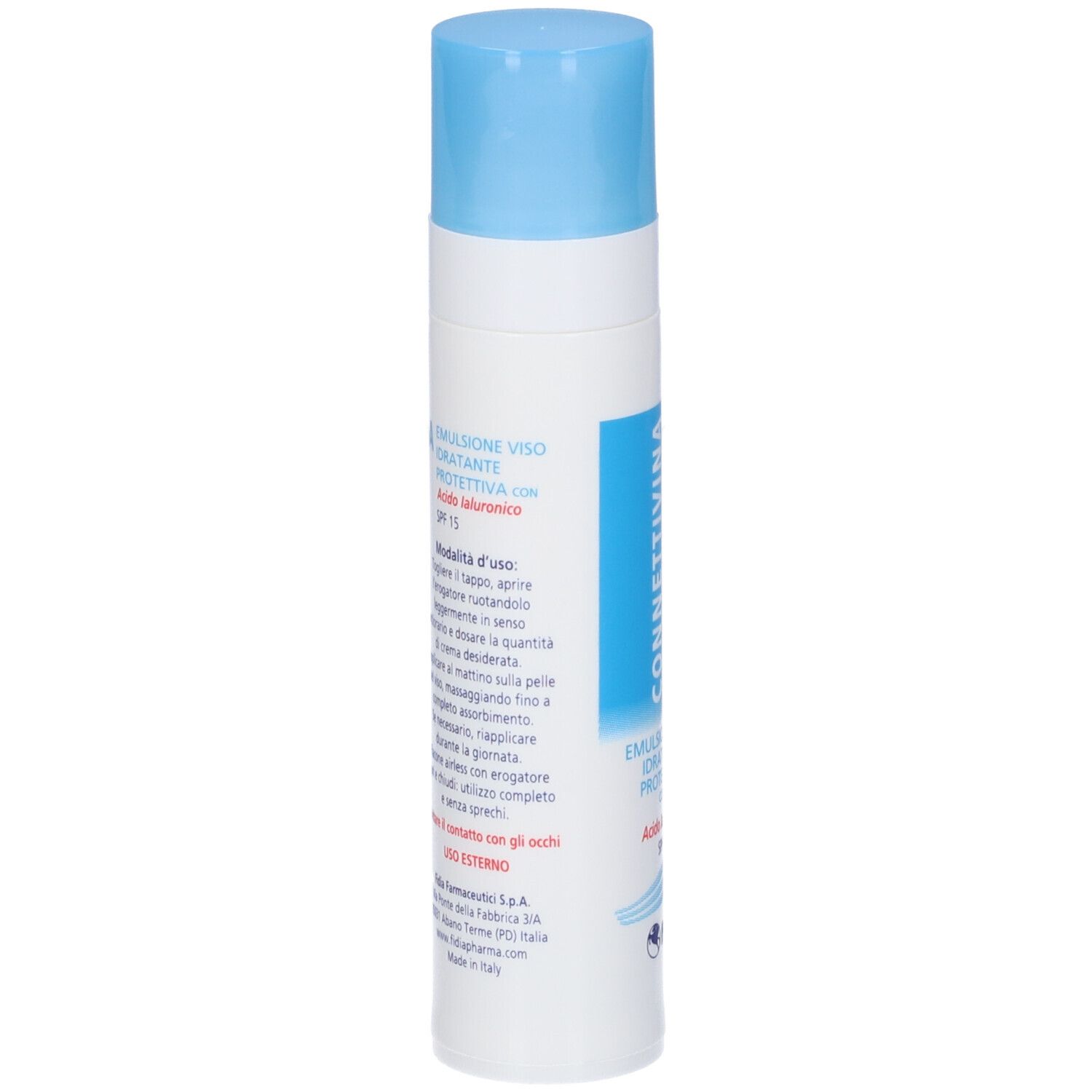 Fidia Connettivina Viso Emulsione, con SPF 15, in flacone bianco con tappo blu. Retro con testo.