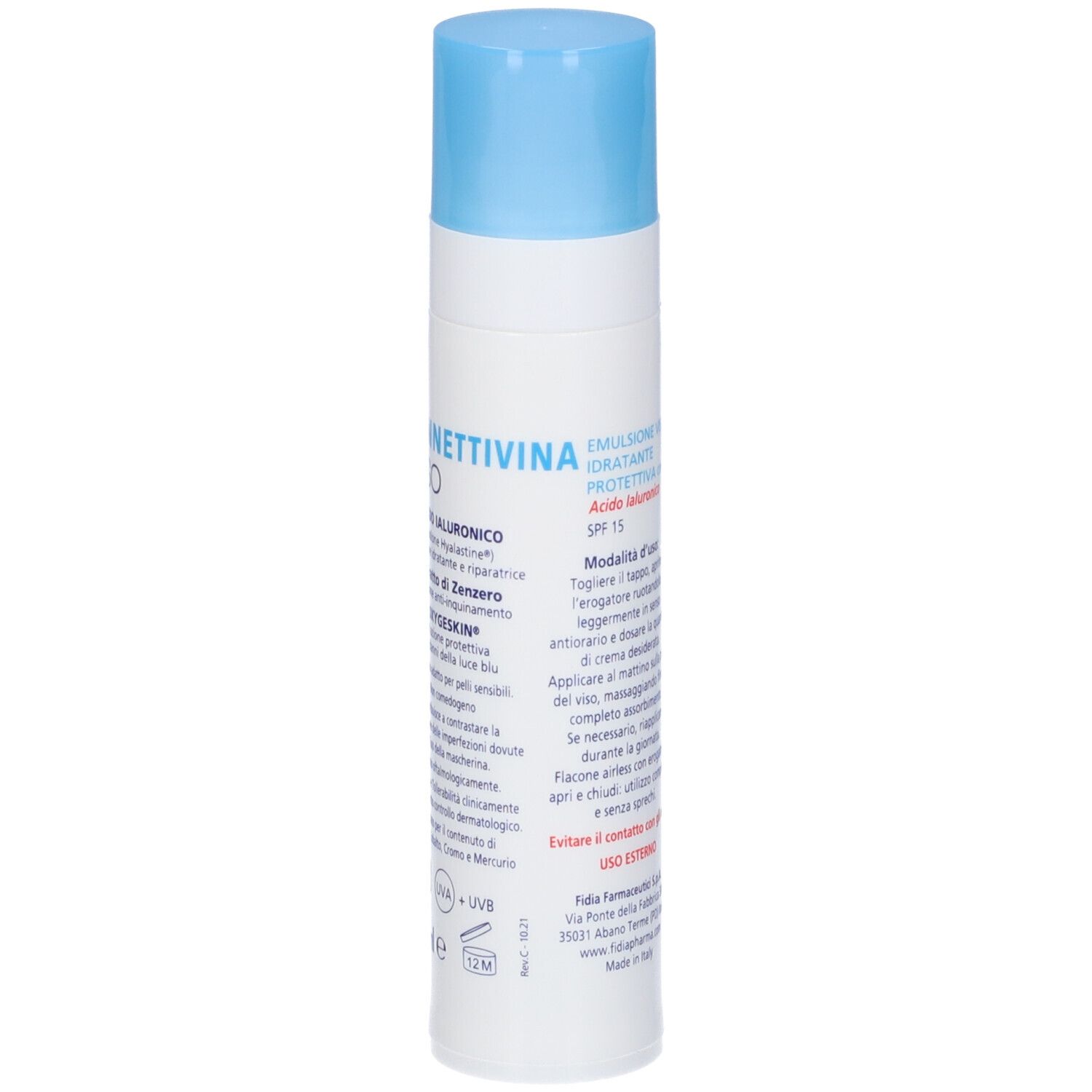 Fidia Connettivina Viso Emulsione, con SPF 15, in flacone bianco con tappo blu. Retro con testo.