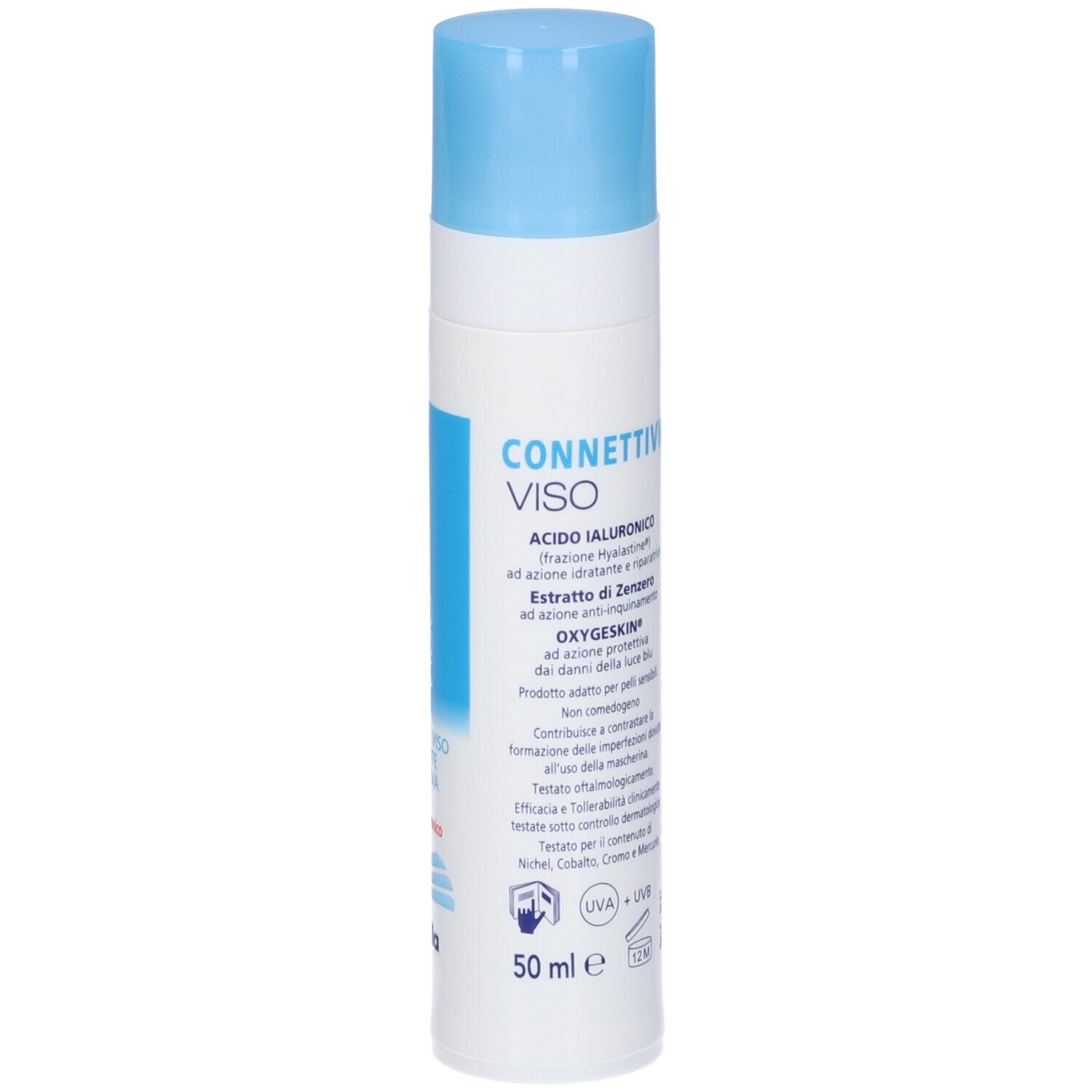 Fidia Connettivina Viso Emulsione, con SPF 15, in flacone bianco con tappo blu. Retro con testo.