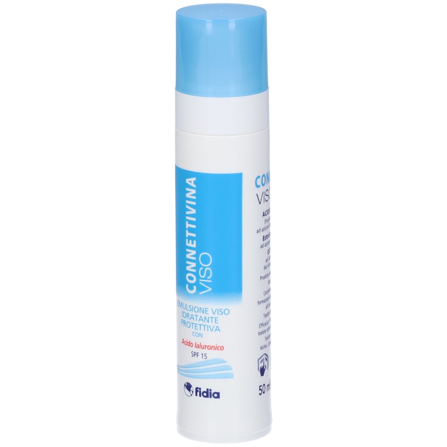 Fidia Connettivina Viso Emulsione, con SPF 15, in flacone bianco con tappo blu. Retro con testo.
