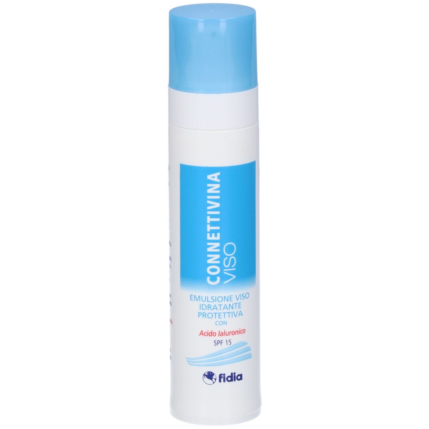 Fidia Connettivina Viso Emulsione, con SPF 15, in flacone bianco con tappo blu. Contiene 50 ml.